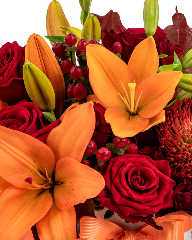 Red roses and orange lilies box