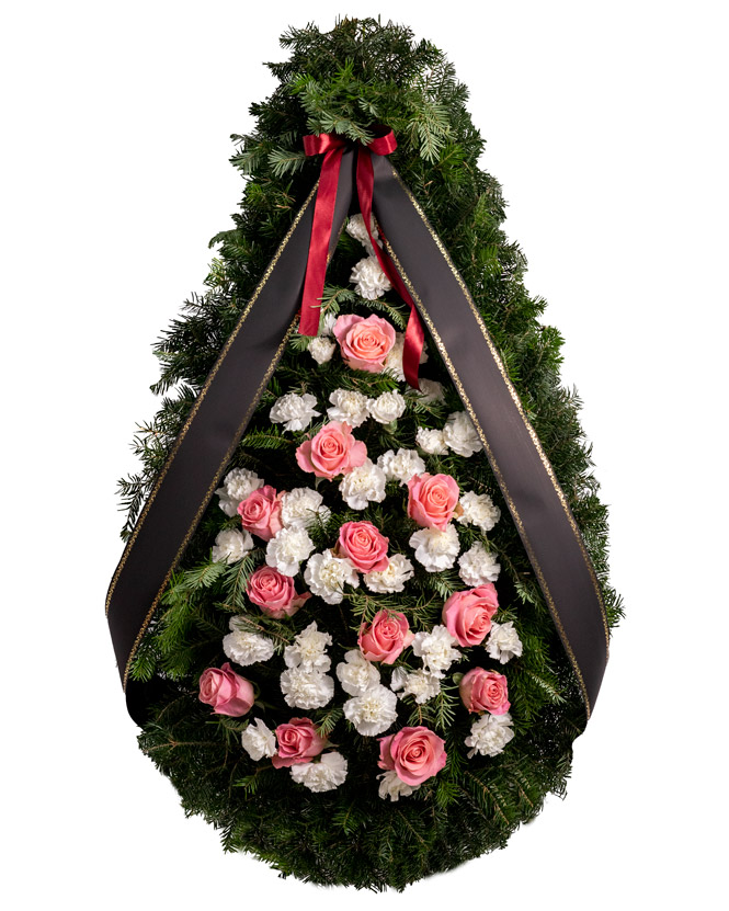 Coroană funerară cu garoafe și trandafiri roz