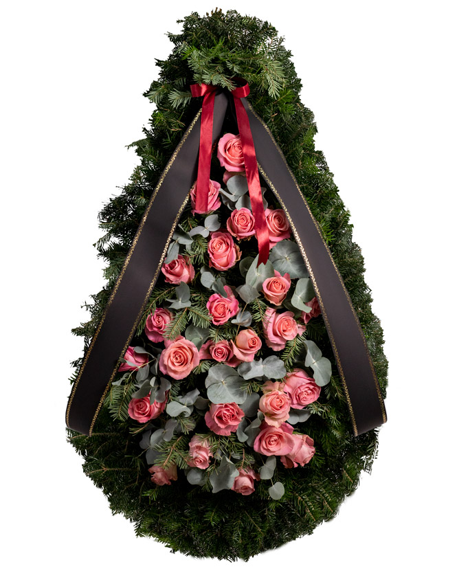 Coroană funerară cu trandafiri roz