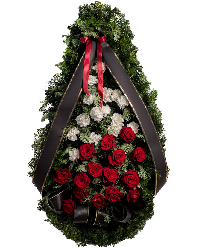 Coroană funerară cu garoafe albe și trandafiri roșii
