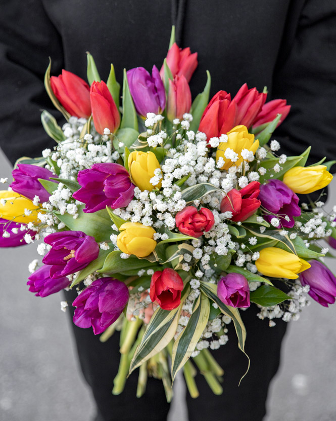 Tulips and gypsophilla bouquet