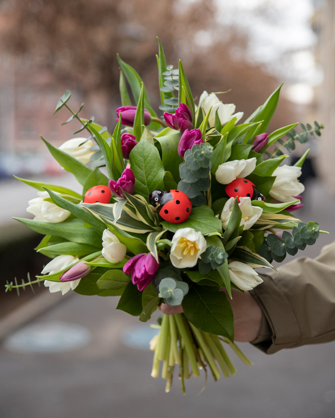 Purple and white tulip bouquet
