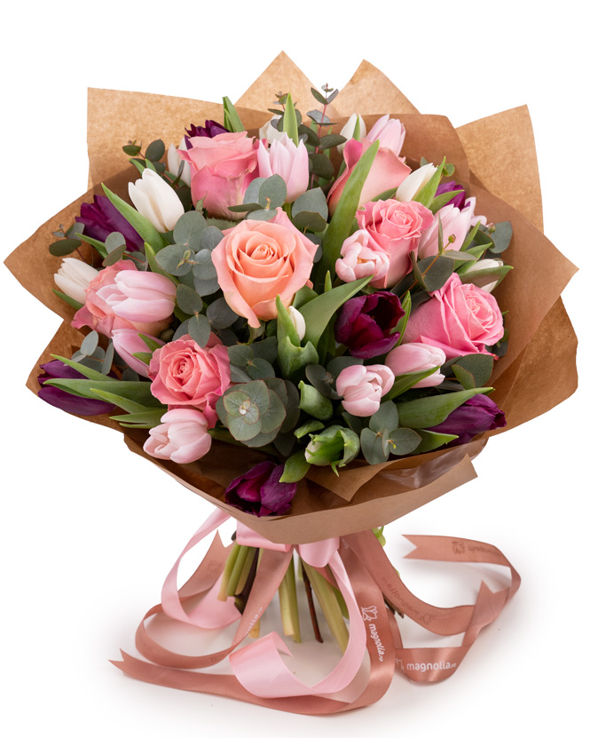 „Pink and Pretty” rose and tulip bouquet
