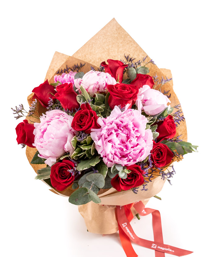 Bouquet of Peonies and Red Roses