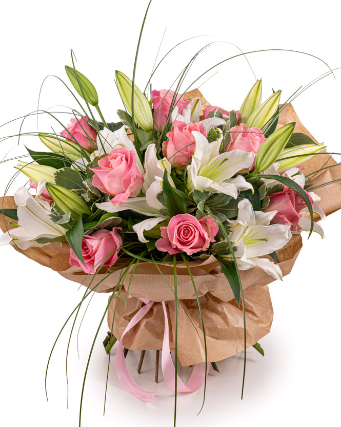 Bouquet with Imperial Lilies and Hermosa Roses