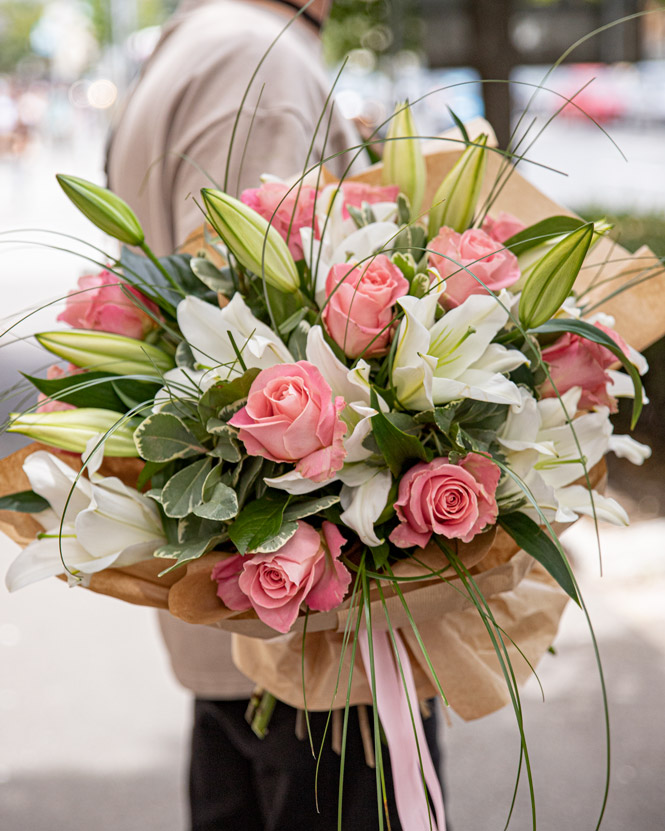 Bouquet with Imperial Lilies and Hermosa Roses