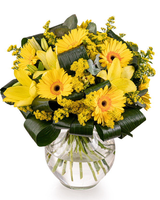 Bouquet with yellow lilies and gerbera