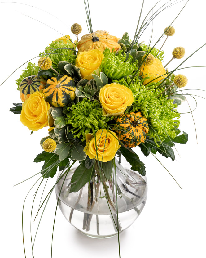 Yellow roses and ornamental pumpkins bouquet