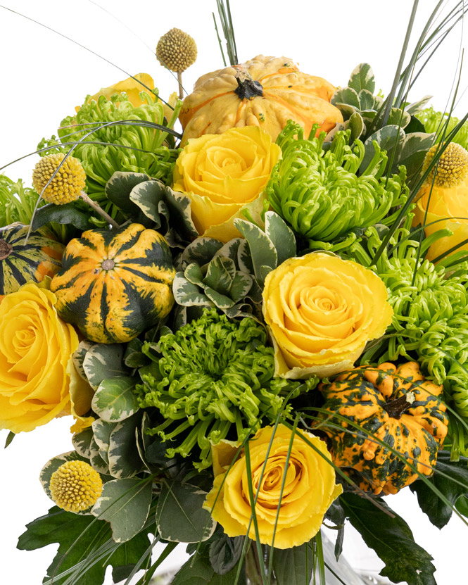 Yellow roses and ornamental pumpkins bouquet