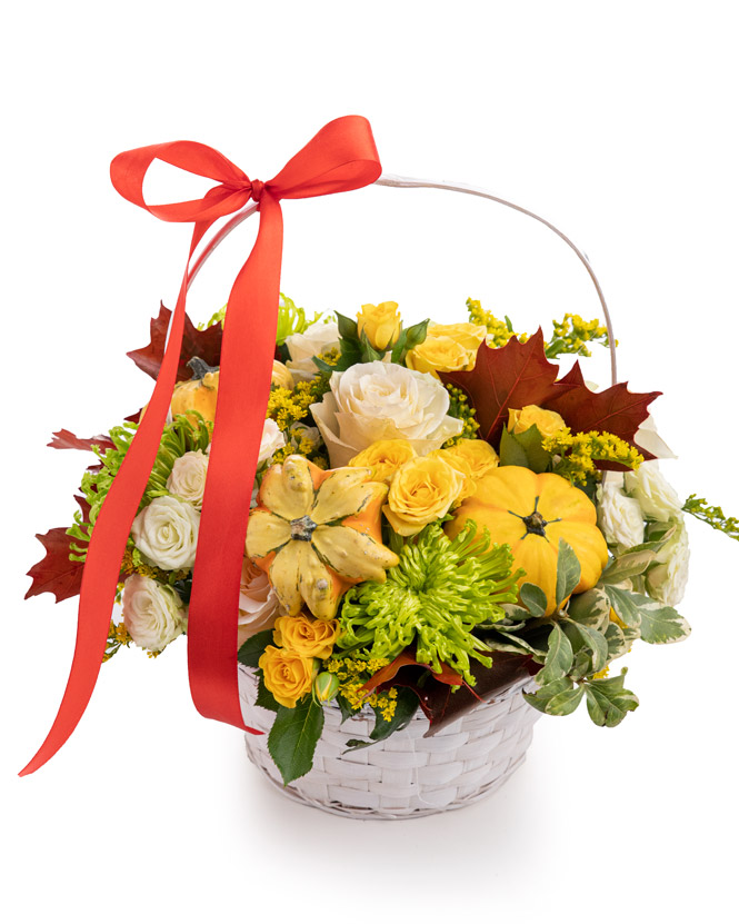 Roses, solidago and ornamental pumpkins autumn basket