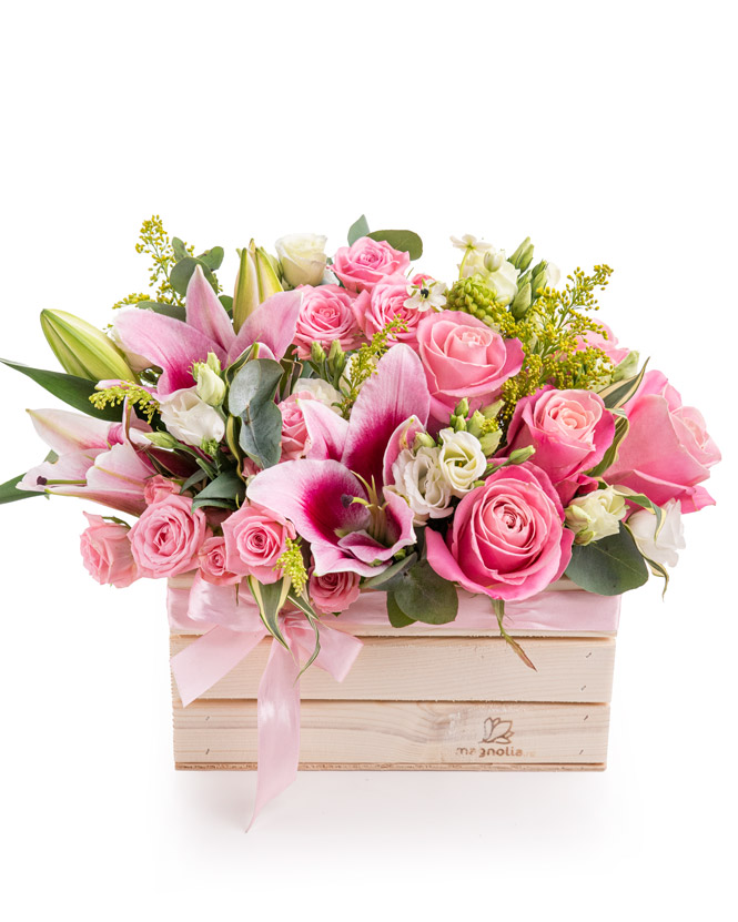 Wooden box with pink flowers