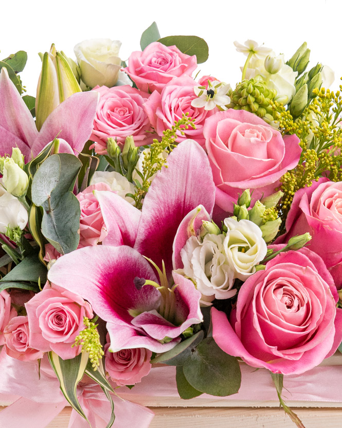 Wooden box with pink flowers