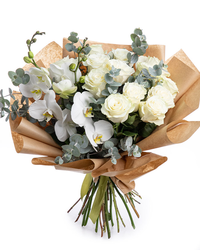 White roses and orchids bouquet