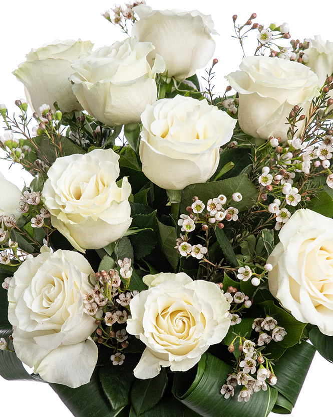 Buchet trandafiri albi decorați cu verdeață și chamelaucium