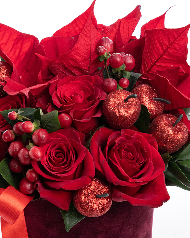 Poinsettia and red roses arrangement