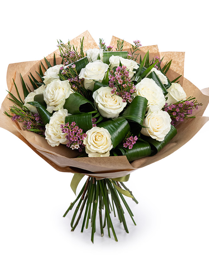 White roses bouquet with chamelaucium