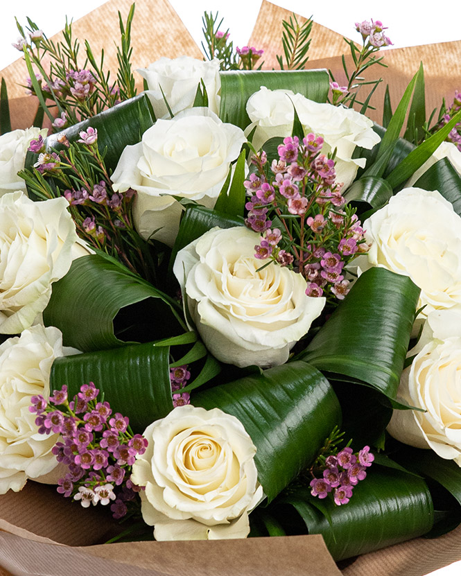 White roses bouquet with chamelaucium