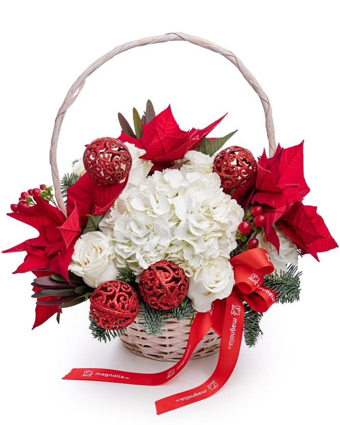 Christmas gift basket with flowers