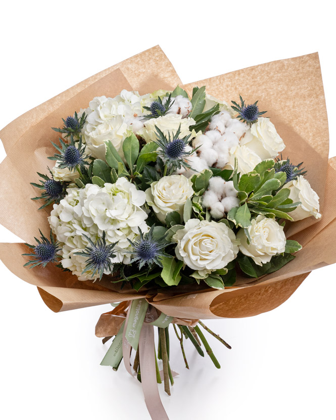 White roses bouquet with cotton