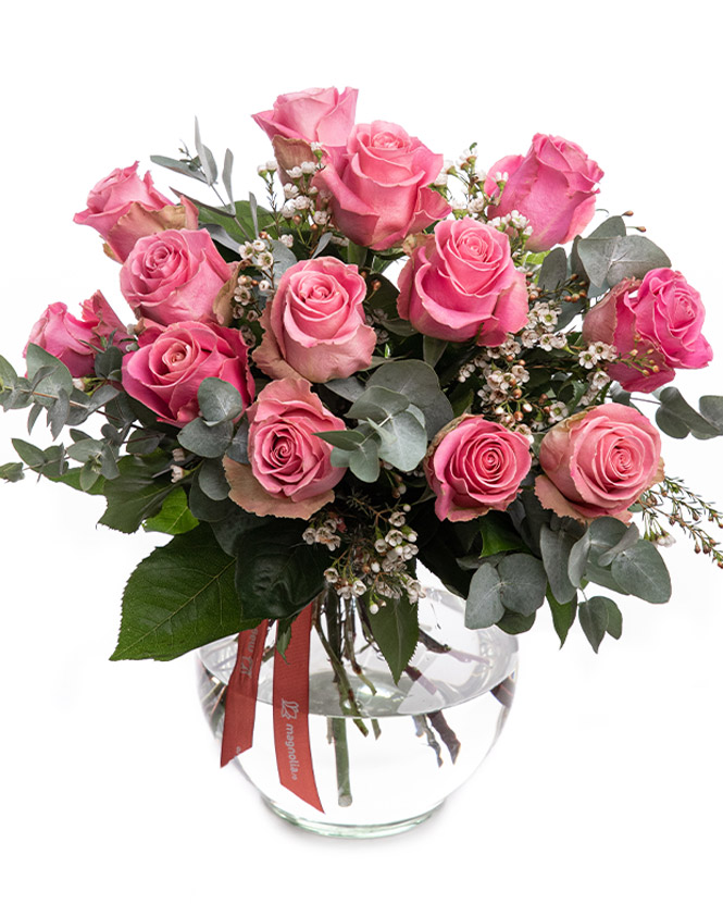 Pink roses bouquet with chamelaucium