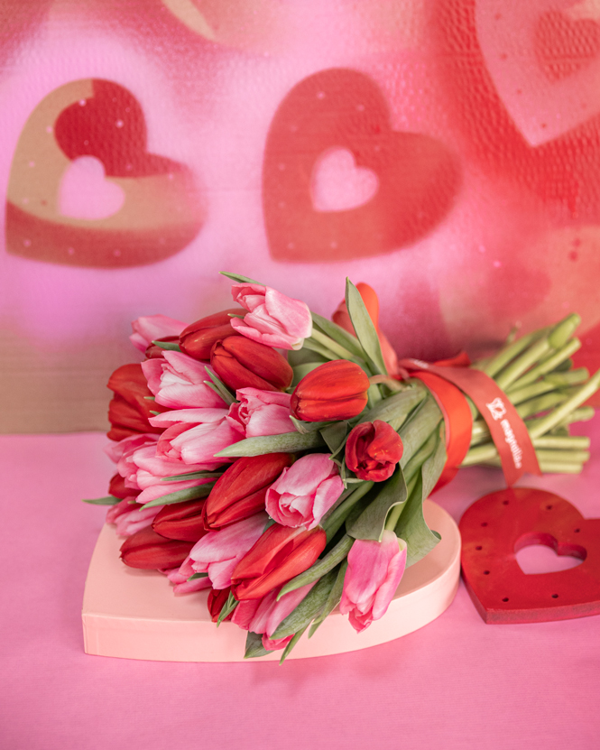 Bouquet of pink and red tulips