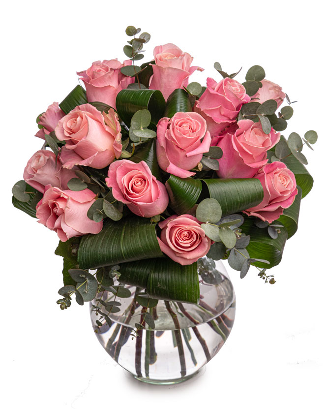 Bouquet with pink roses and eucalyptus