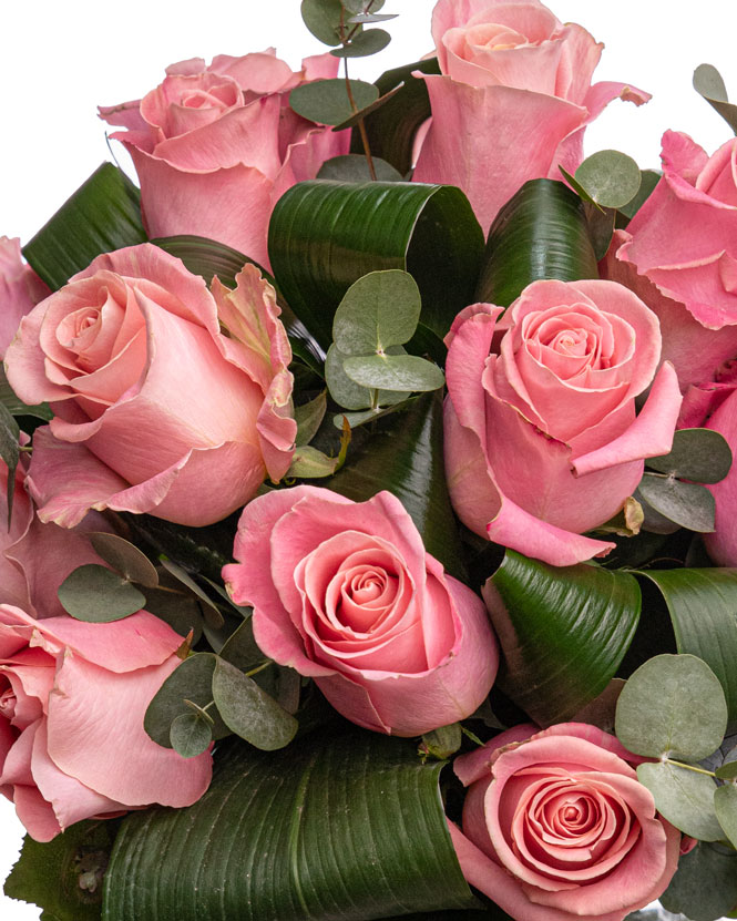 Bouquet with pink roses and eucalyptus