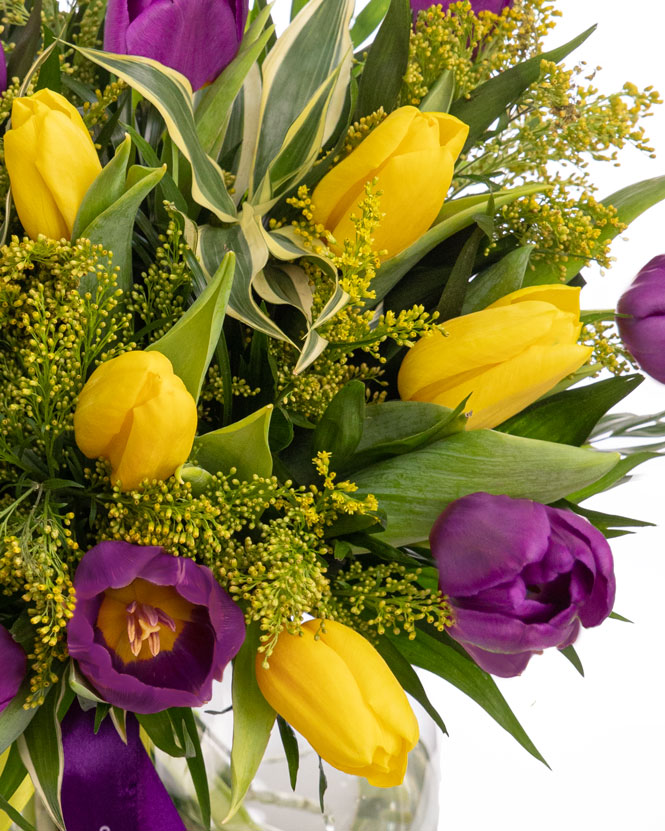  Bouquet of purple and yellow tulips
