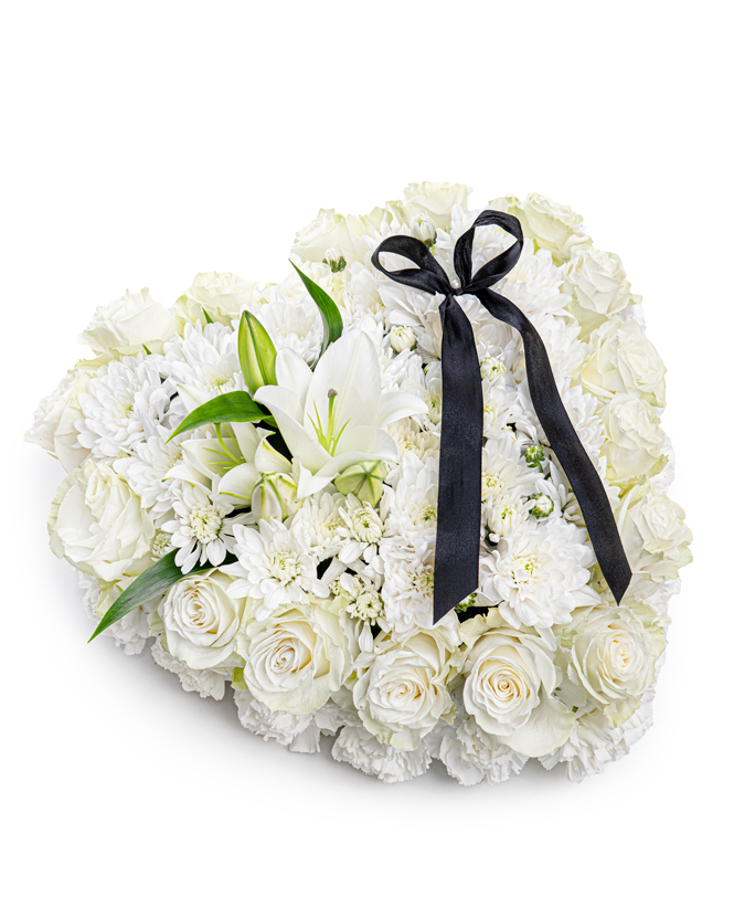 Floral funeral heart with white roses and chrisanthemums