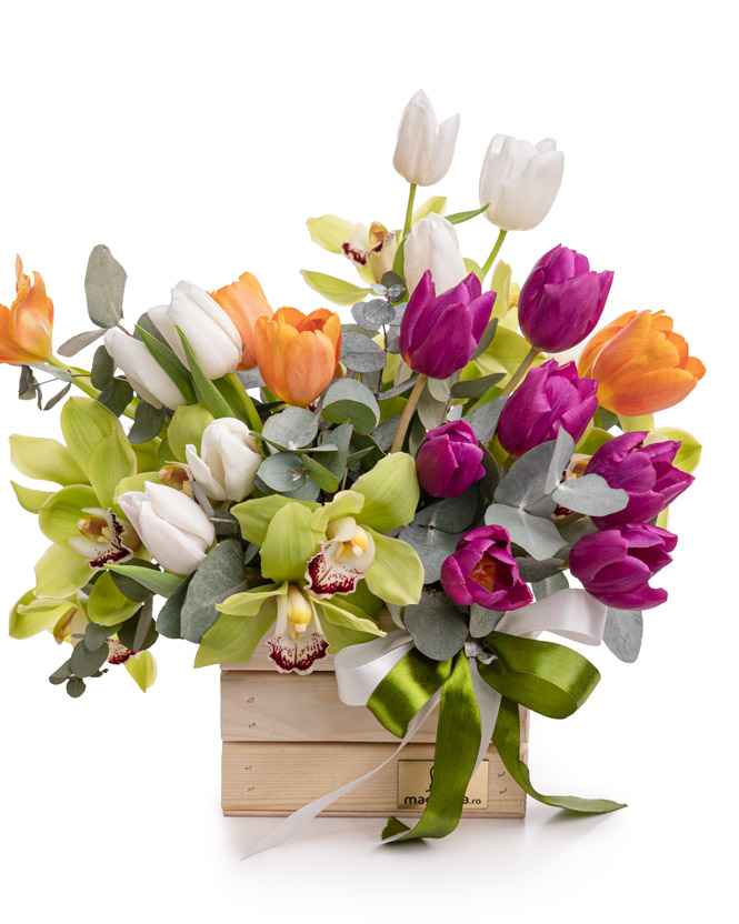 Floral arrangement with tulips and orchid
