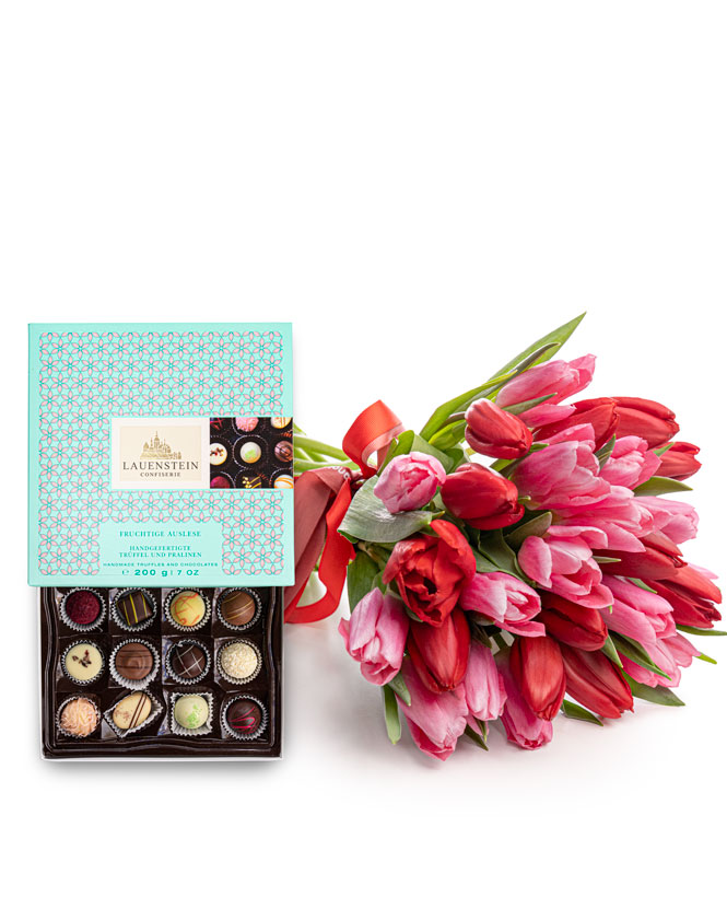 Bouquet of tulips and chocolate