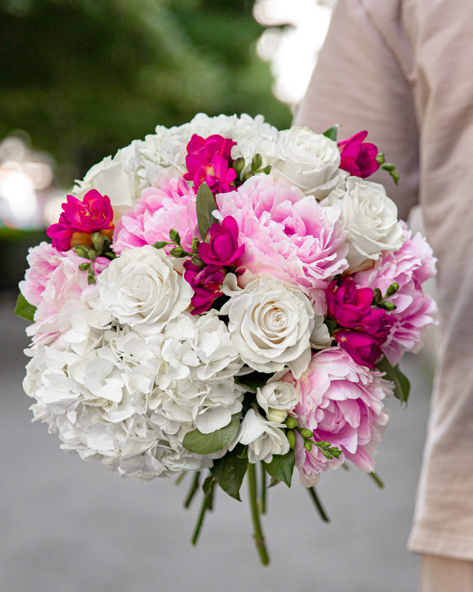 Peony, rose and freesia bouquet