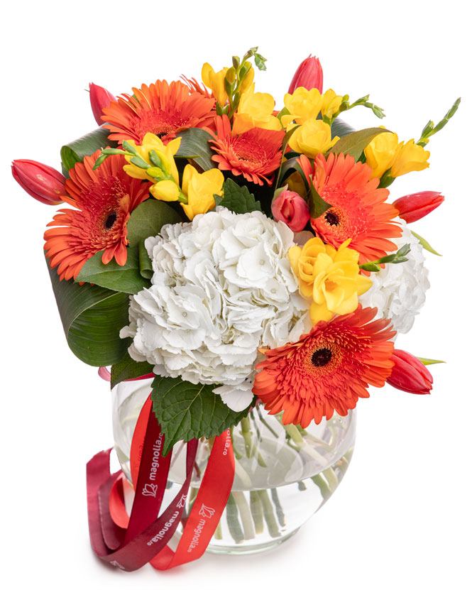 Bouquet of fresias tulips and gerberas