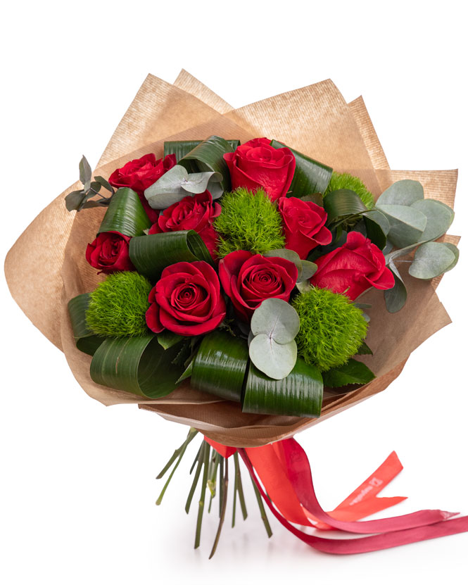 Bouquet with red roses and eucalyptus