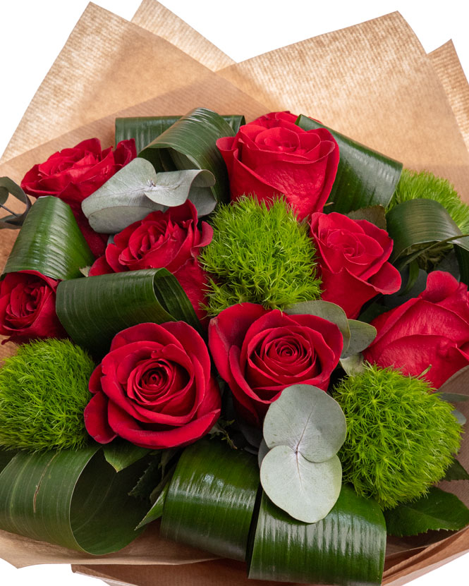 Bouquet with red roses and eucalyptus