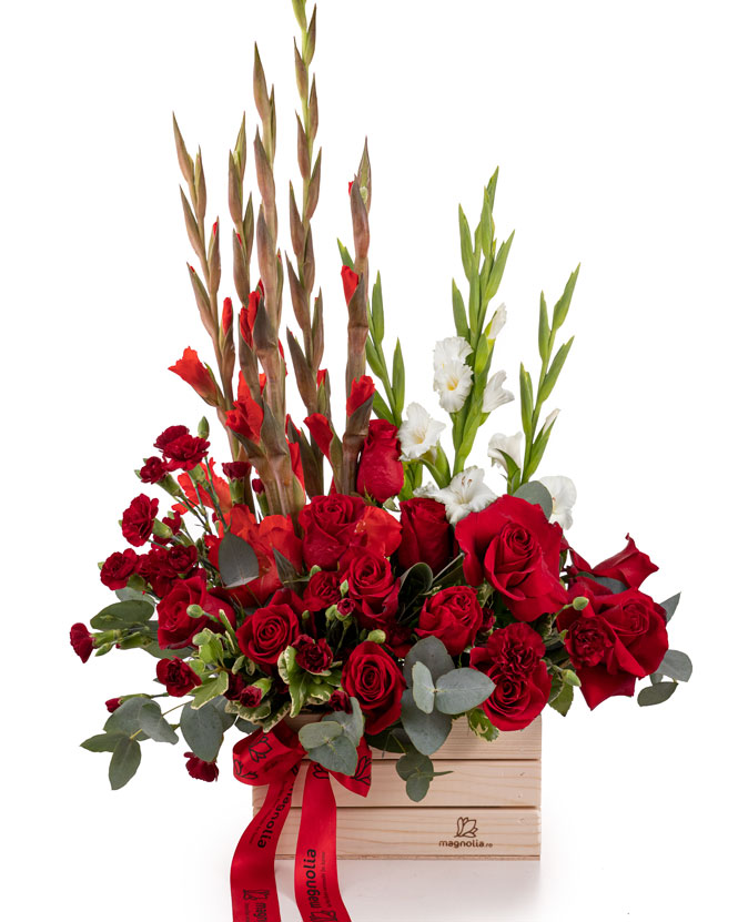 Arrangement with Gladioli and Red Roses