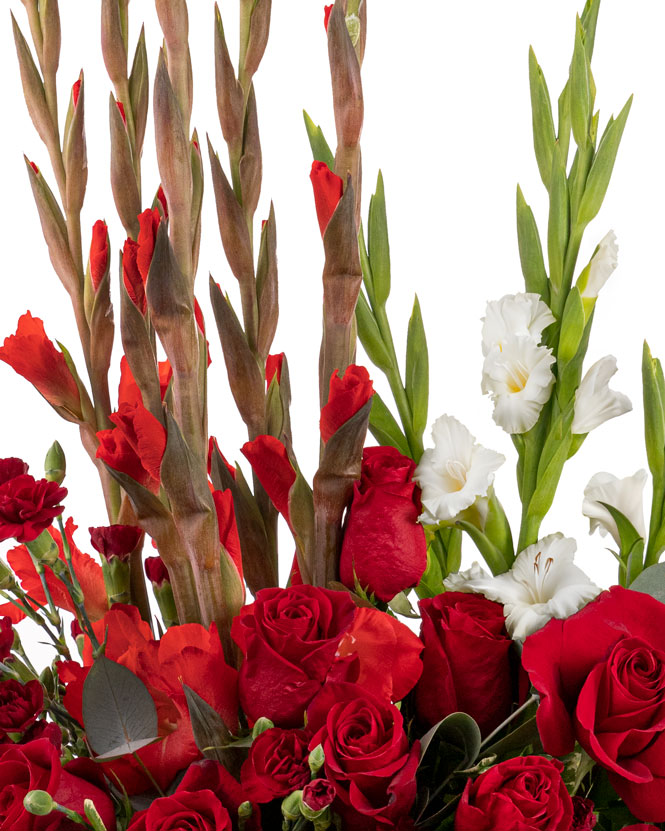 Arrangement with Gladioli and Red Roses