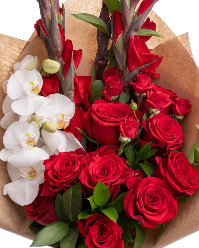 Gladiolus, rose and orchid bouquet