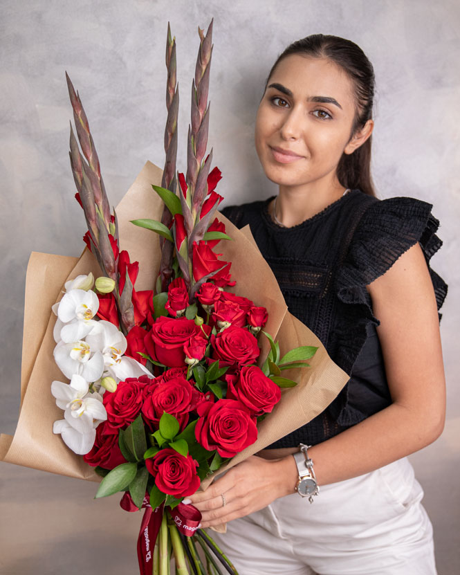 Gladiolus, rose and orchid bouquet