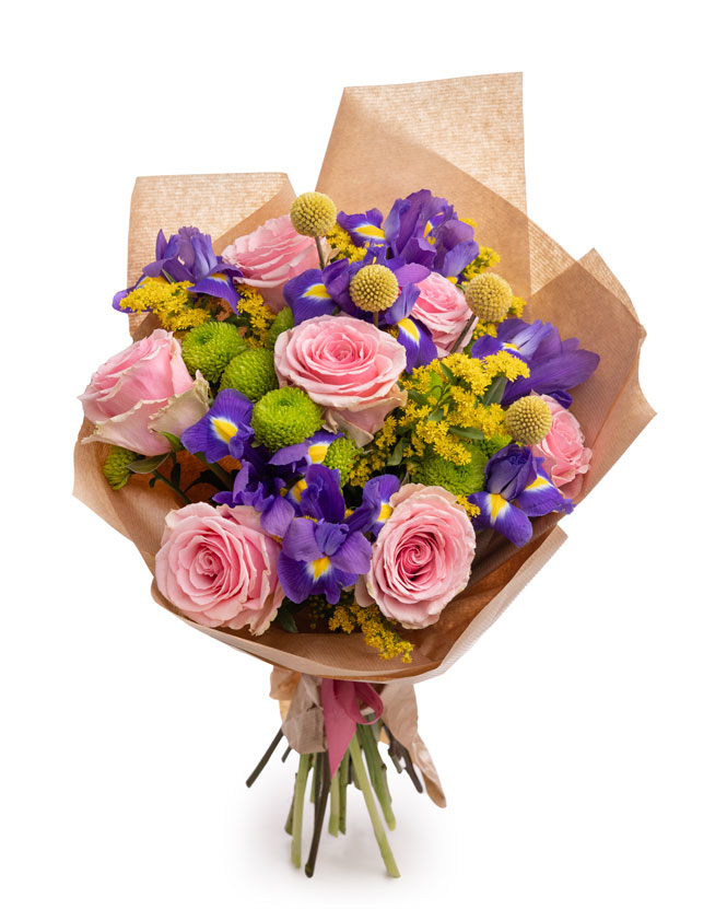 Bouquet of pink roses and irises