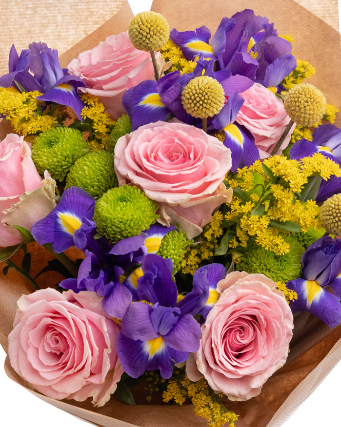 Bouquet of pink roses and irises