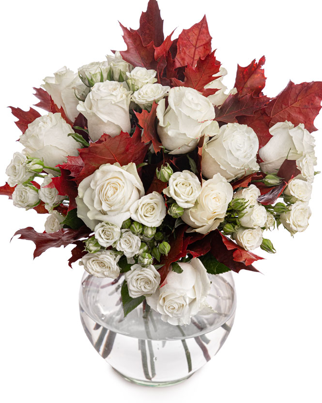 Autumn bouquet with white roses