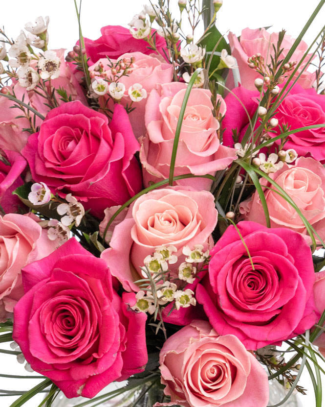 Pink roses bouquet with chamelaucium