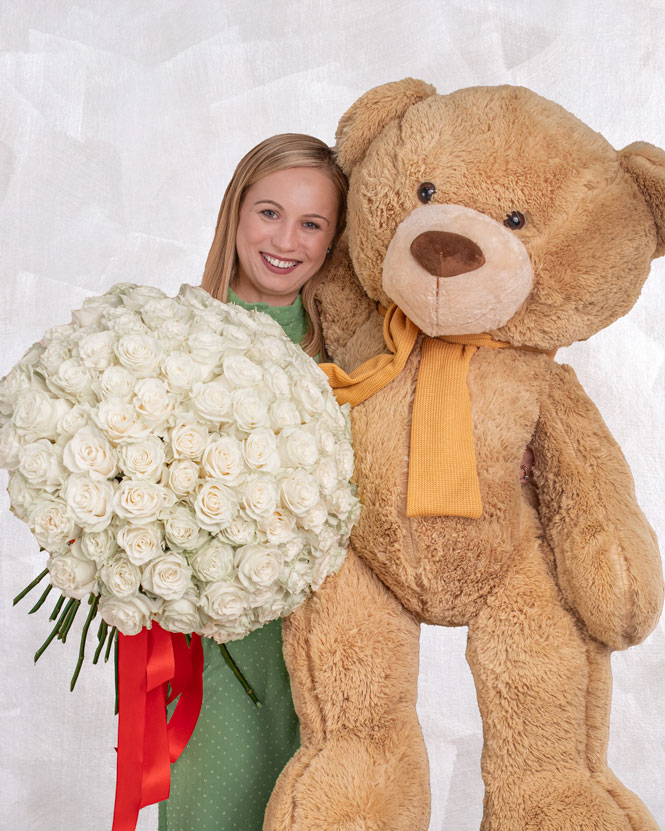 101 White Roses and Giant Teddy Bear