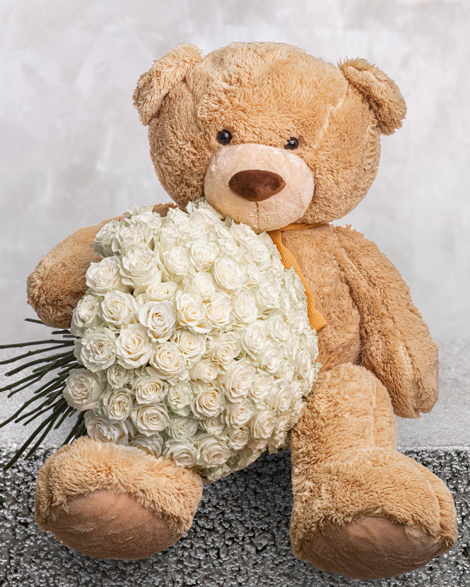 101 White Roses and Giant Teddy Bear