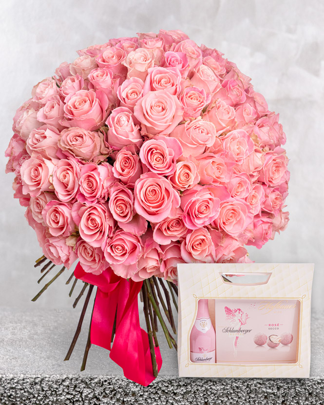 101 Pink Roses with Prosecco and Truffles Set