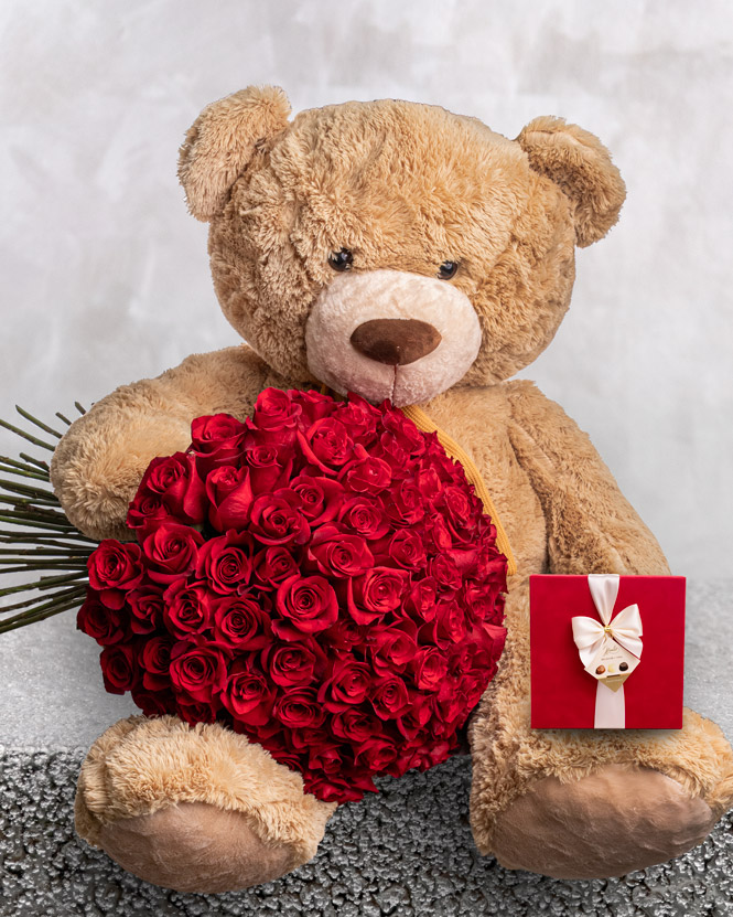 101 Trandafiri Roșii, Ciocolată și Urs Gigant de Pluș