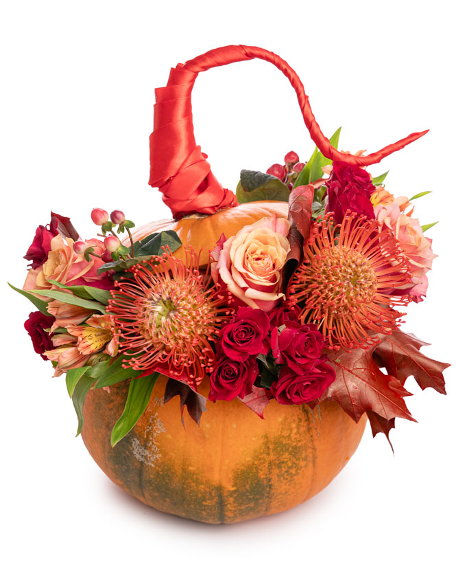 Arrangement with Mix Flowers in a Pumpkin
