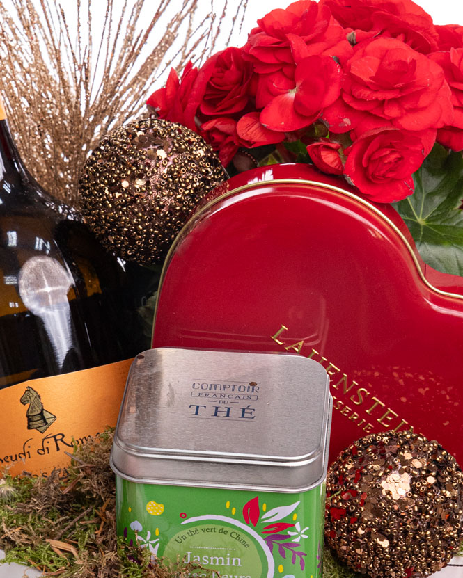 Christmas Gift with Begonia, Sparkling Wine, Chocolate and Tea