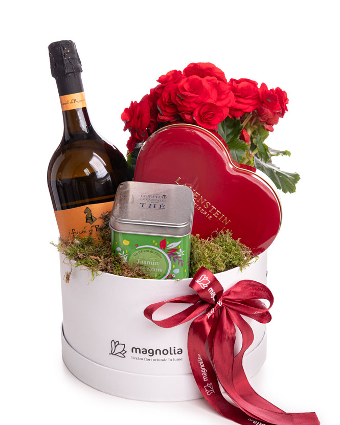 Gift box with Begonia, Sparkling Wine, Chocolate and Tea